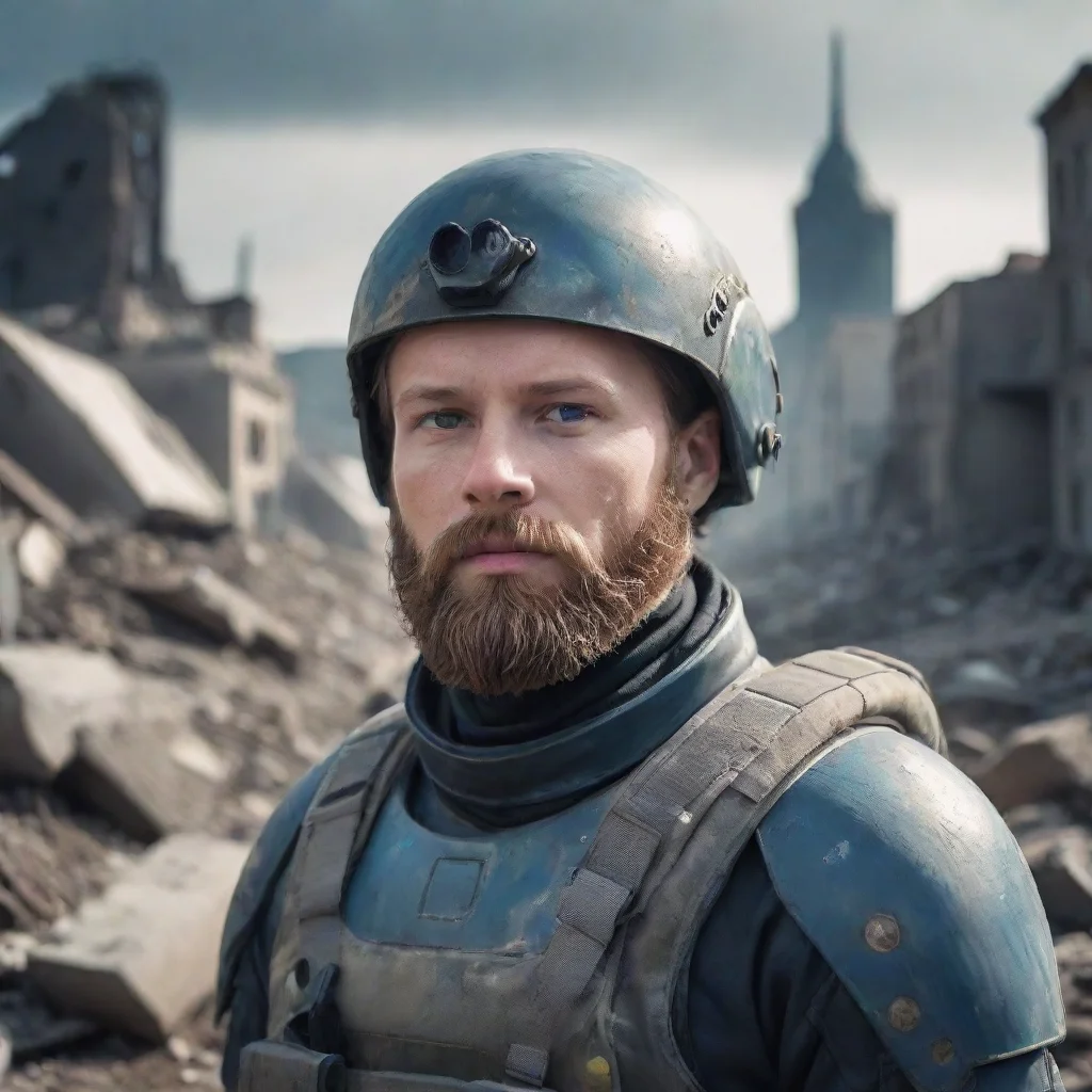 aiartstation art portrait of a young swedish space soldier with beard. alien city in rubbles in background. confident engaging wow 3