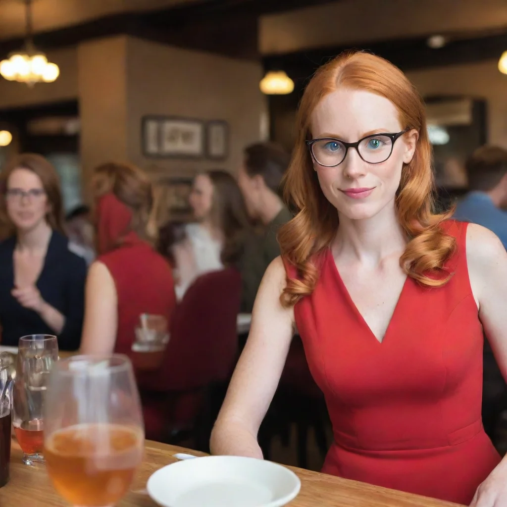 aiartstation art pov cute ginger nerdy mother in red dress at a restaurant confident engaging wow 3