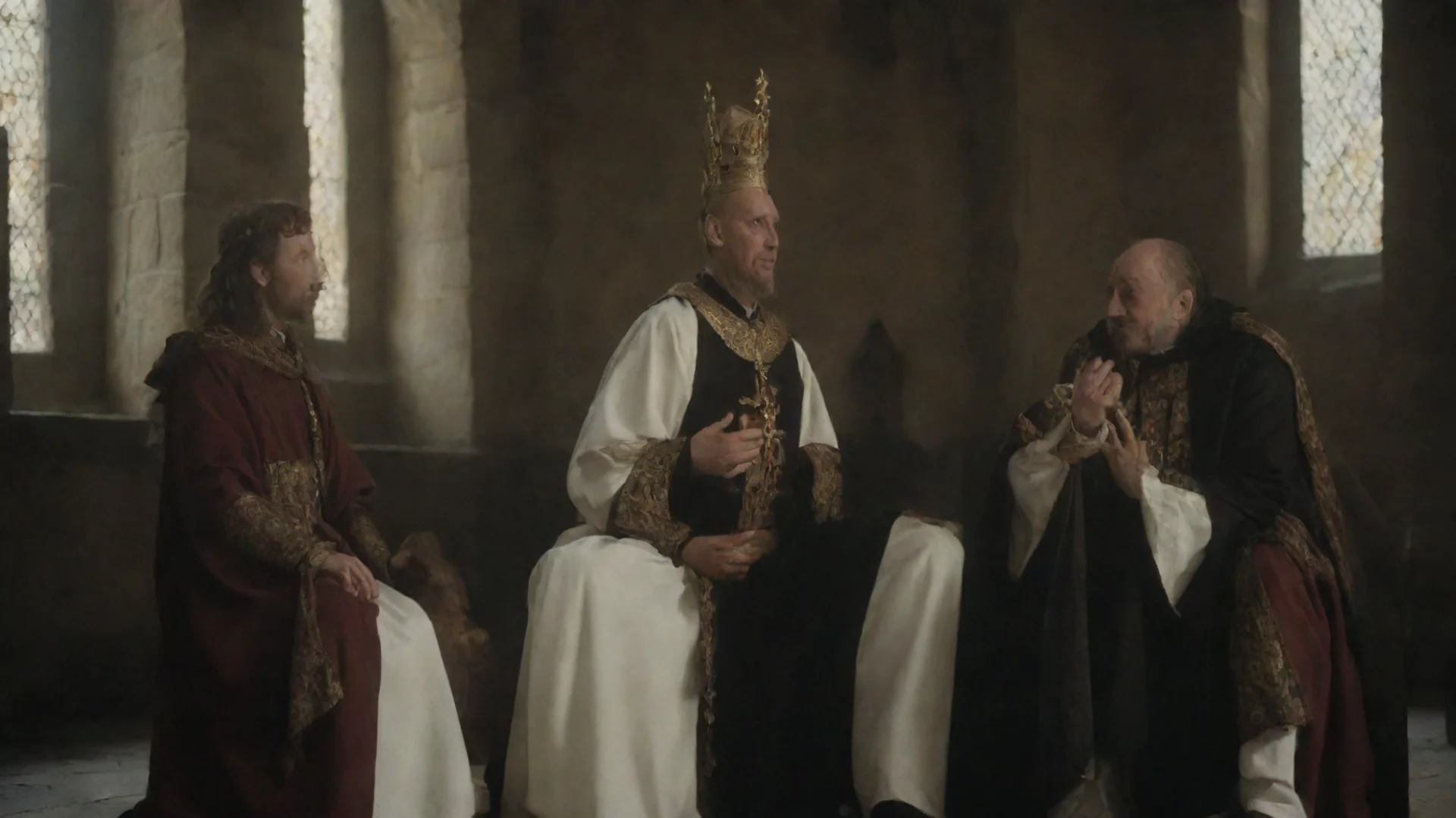 artstation art priest and medieval king sit and talk  confident engaging wow 3 wide