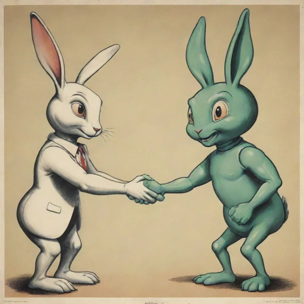 aiartstation art propaganda poster of human shaking hands with cartoon anthropomorphic alien rabbit confident engaging wow 3