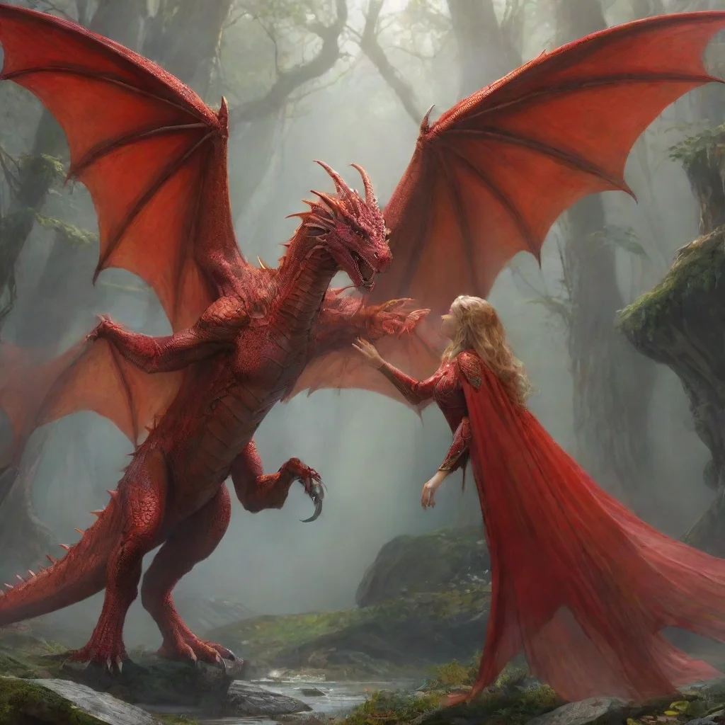 aiartstation art red dragon spreads its wings and opens it mouth towards elven princess confident engaging wow 3