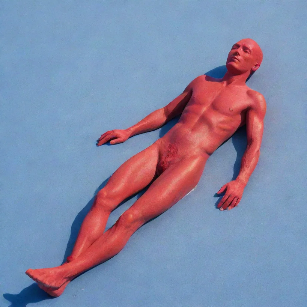 aiartstation art red man sunbaking on blue sand confident engaging wow 3