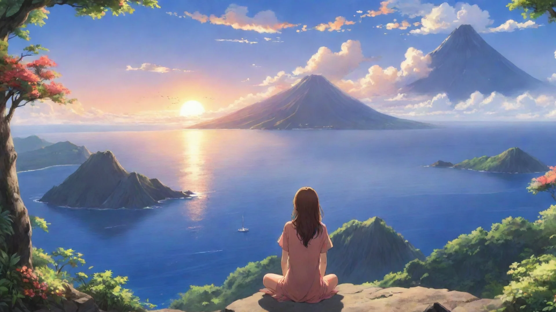 aiartstation art relaxing anime scene serene lookout over ocean with volcano lovely confident engaging wow 3 wide