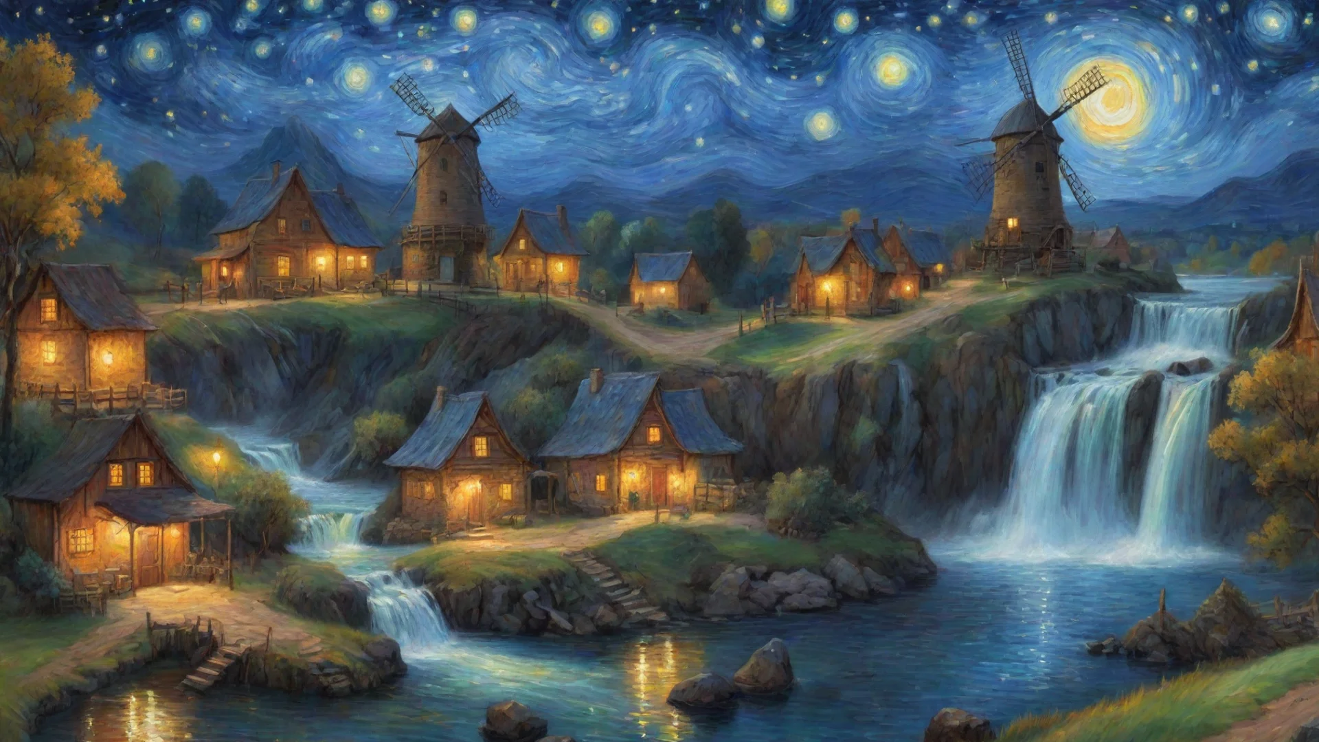 artstation art relaxing art wonderful vah gogh stary night windmill village waterfall confident engaging wow 3 hdwidescreen