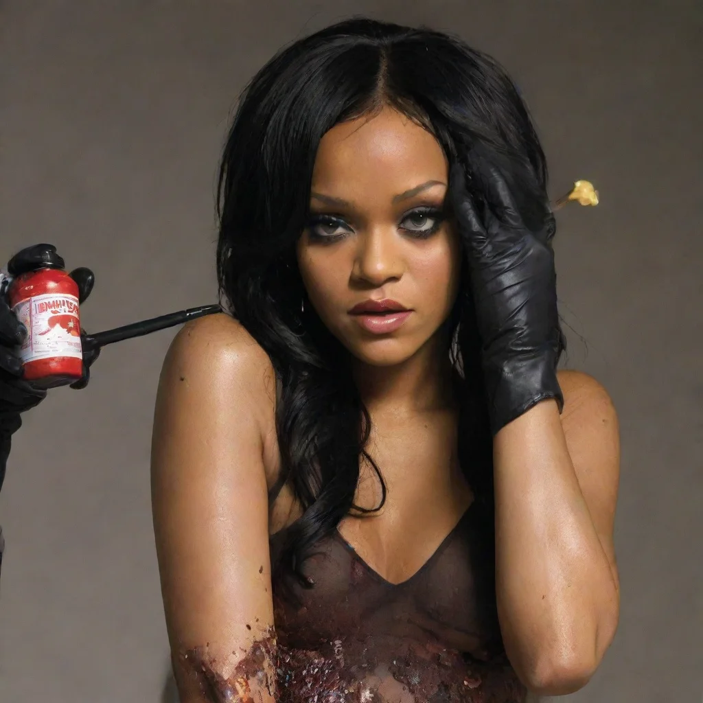 artstation art rihanna  love the way you lie with black comfy  nitrile gloves and gun  and mayonnaise splattered everywhere confident engaging wow 3
