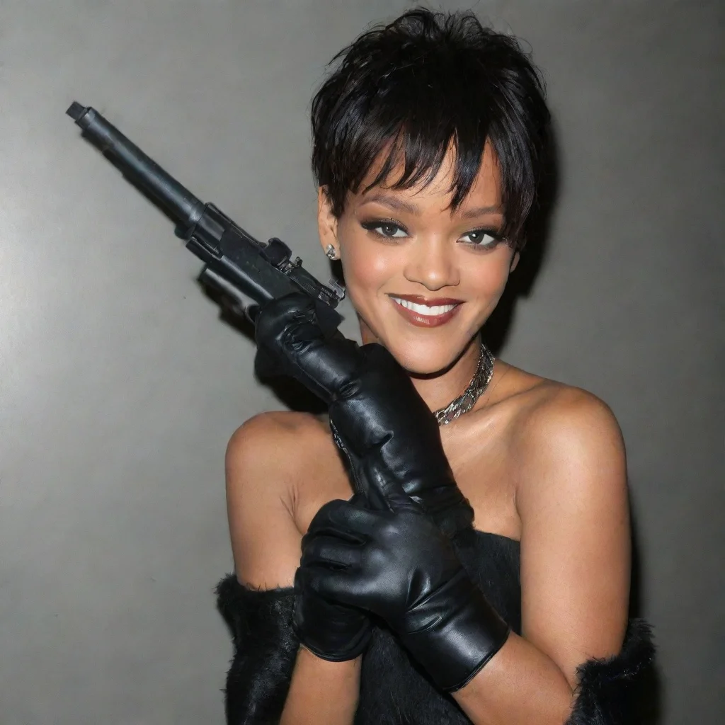 artstation art rihanna smiling with black gloves and gun confident engaging wow 3