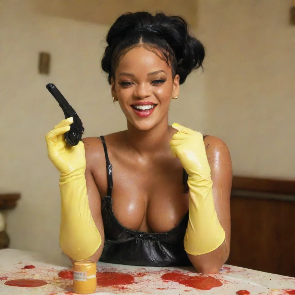 aiartstation art rihanna wild thoughts  smiling  with black comfy nitrile gloves and gun  and  mayonnaise splattered everywhere confident engaging wow 3