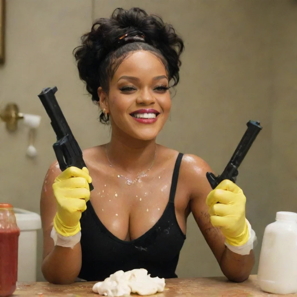 aiartstation art rihanna wild thoughts smiling  with black comfy nitrile gloves and gun  and  mayonnaise splattered everywhere confident engaging wow 3