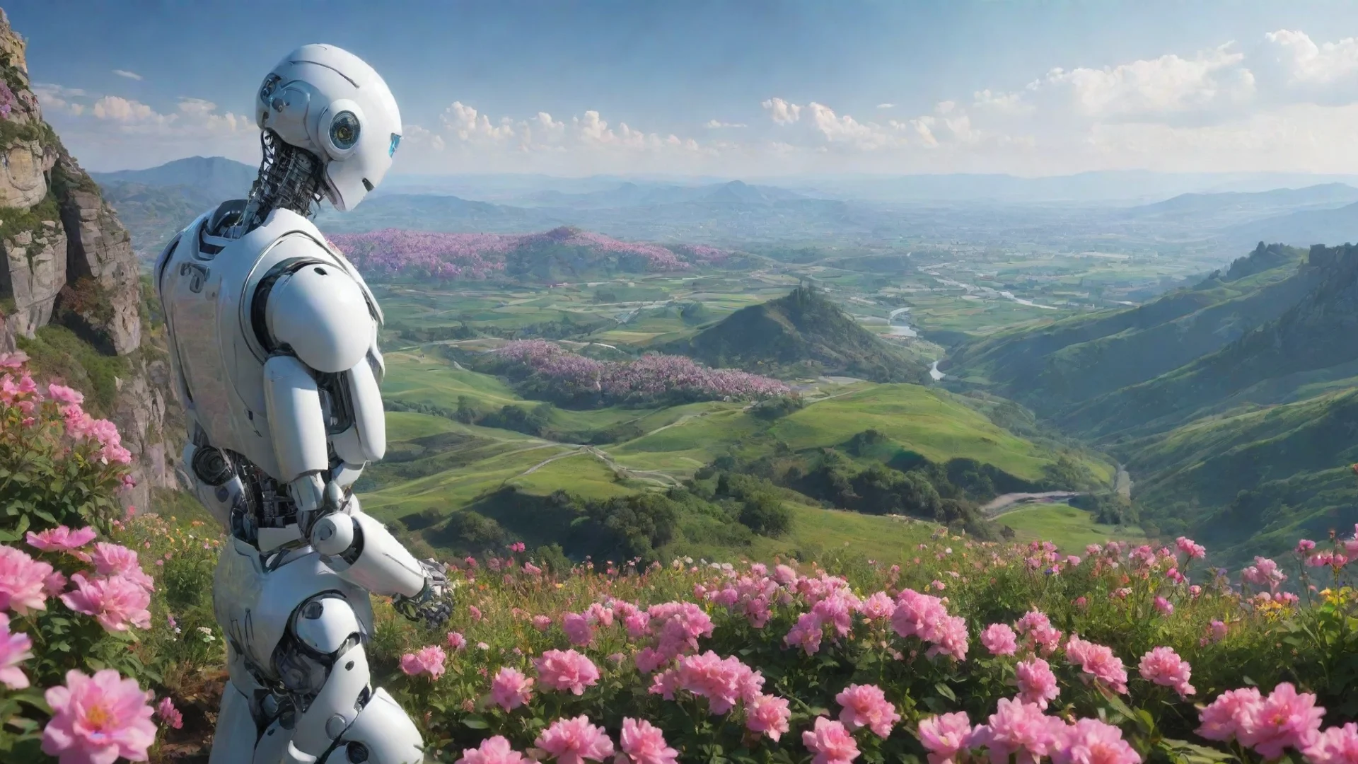 artstation art robot looking at sweeping views hd aesthetic best quality beautiful landscape environment flowers confident engaging wow 3 wide