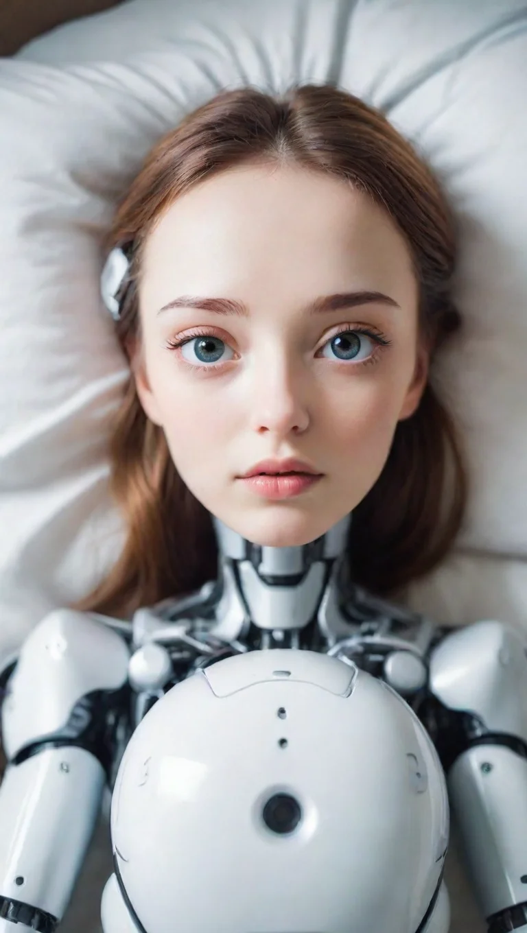 artstation art robot on bed beautiful aesthetic open eyes wide eyes celar waking of intelligence confident engaging wow 3 tall