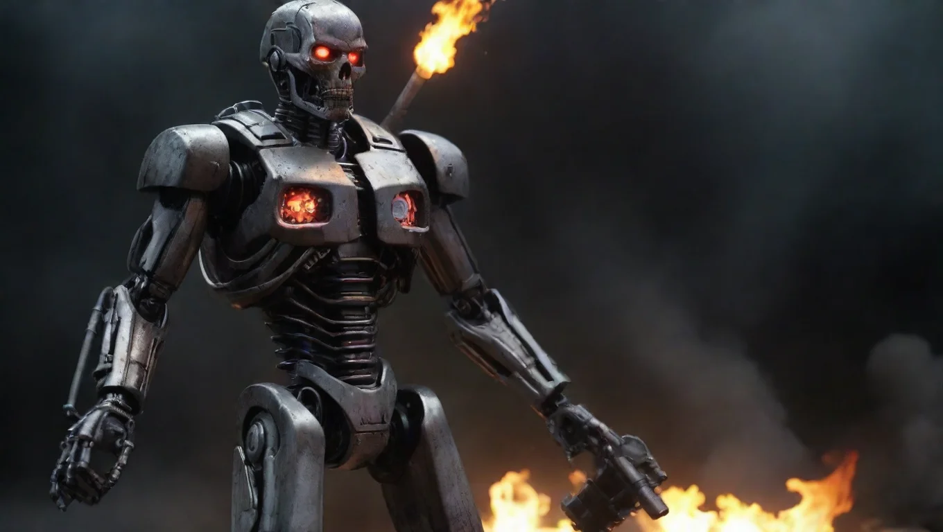 aiartstation art robotic terminator agent with flamethrower dark horror vibe hd detailed confident engaging wow 3 widescreen