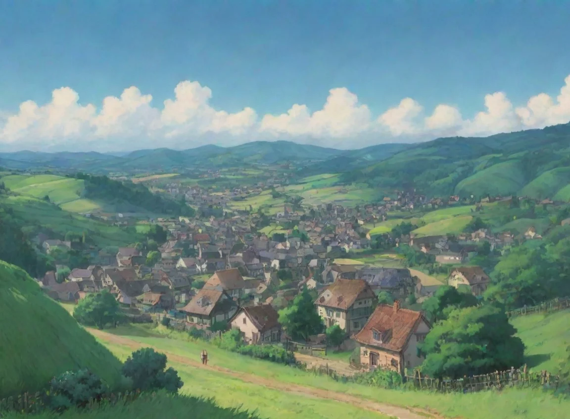 aiartstation art rolling hills peaceful town in distance ghibli aesthetic confident engaging wow 3 landscape43