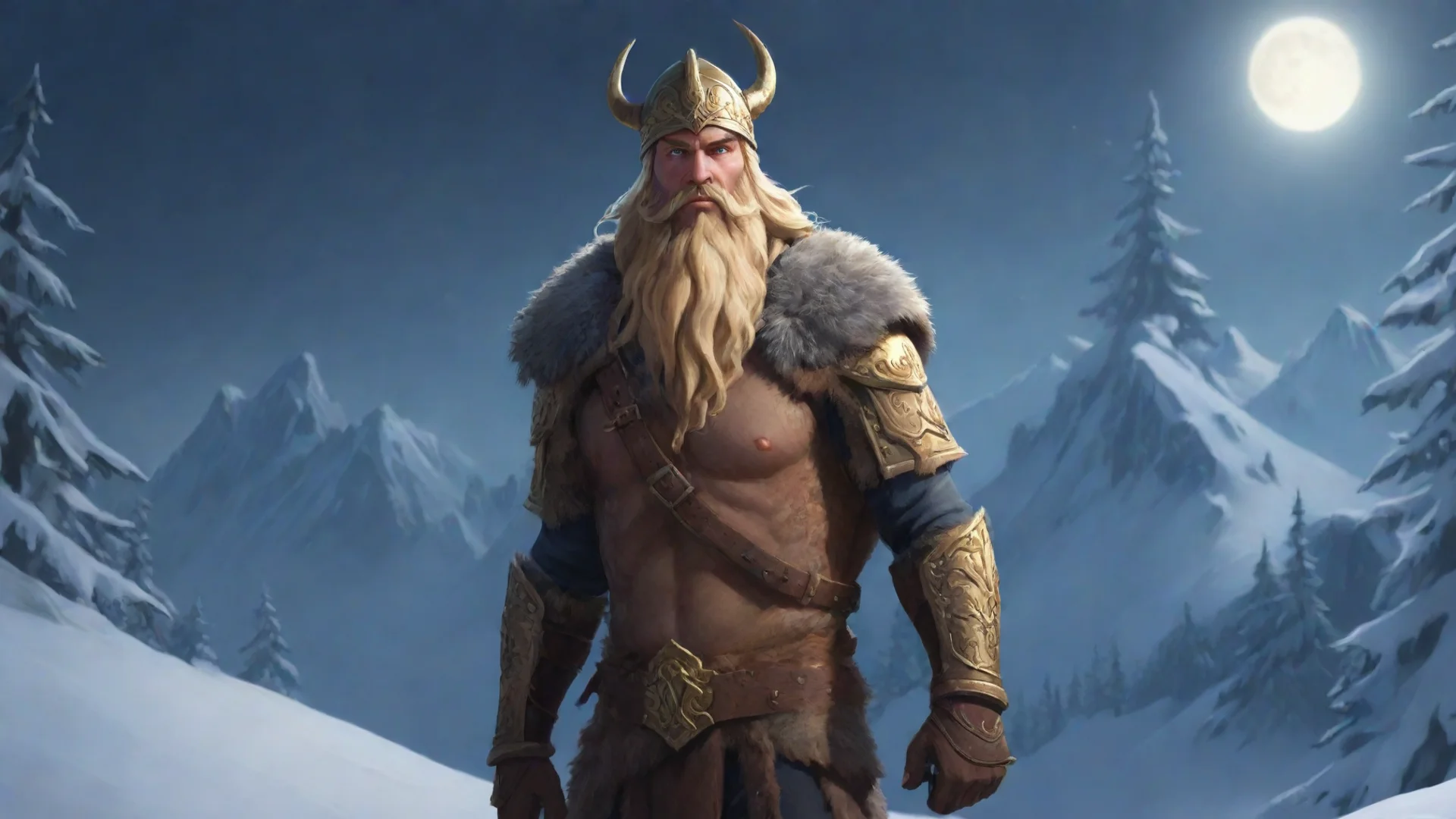 aiartstation art runescape guilded armour on blonde bearded character with viking hat on top of a snowy mountain with trees in a moonlit background confident engaging wow 3 hdwidescreen