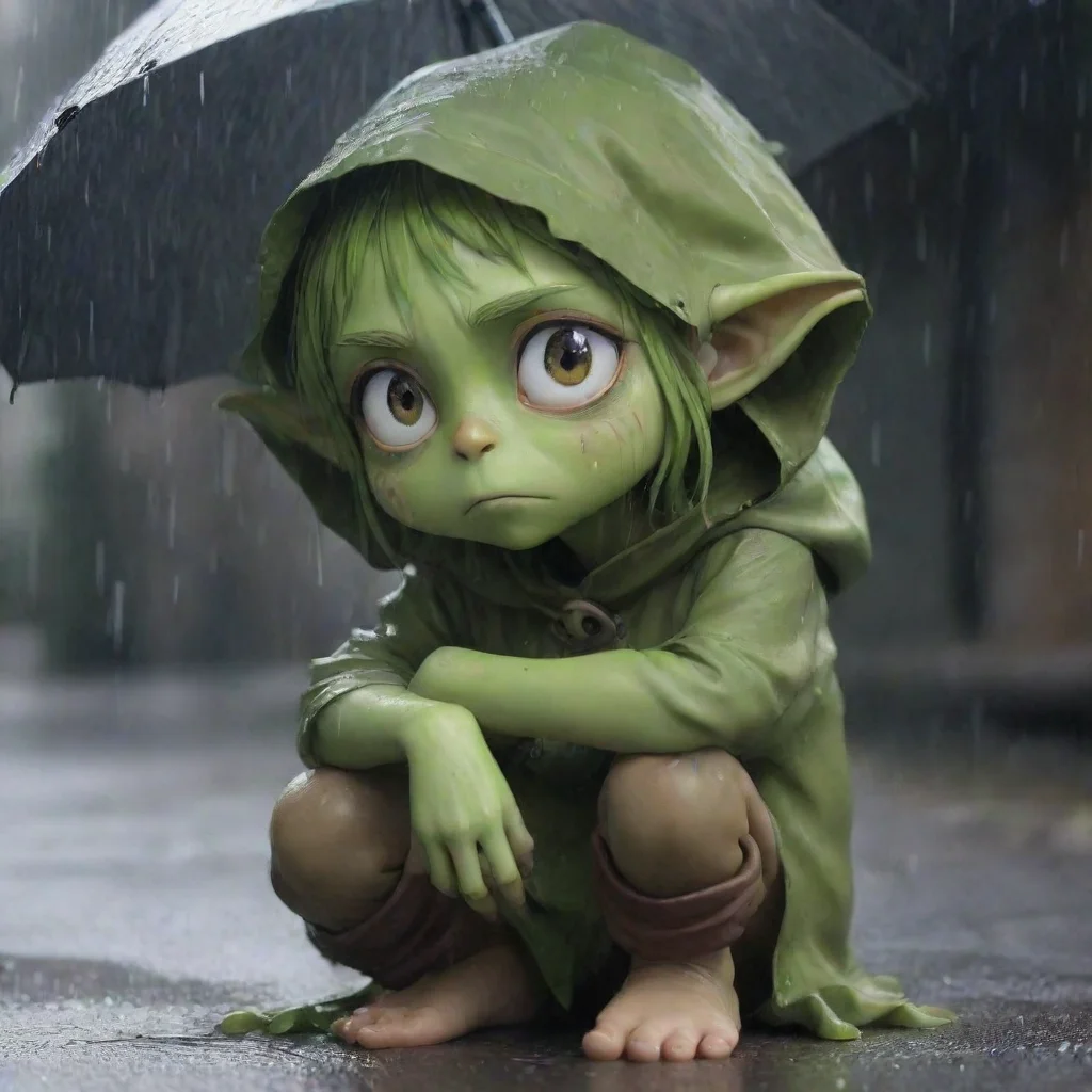 aiartstation art sad cute anime goblin girl green skinned beggar rain confident engaging wow 3