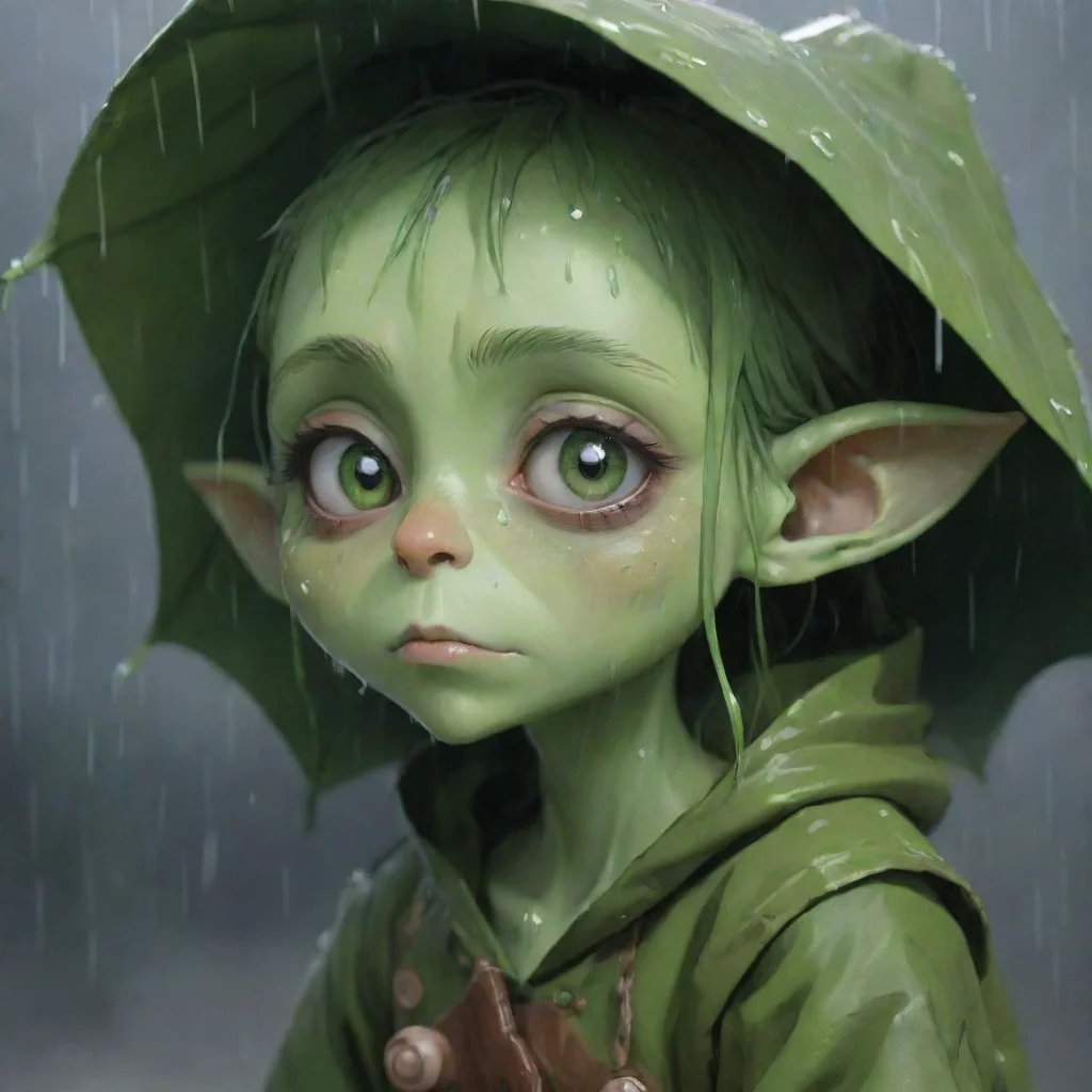 aiartstation art sad cute anime goblin woman green skinned beggar rain confident engaging wow 3