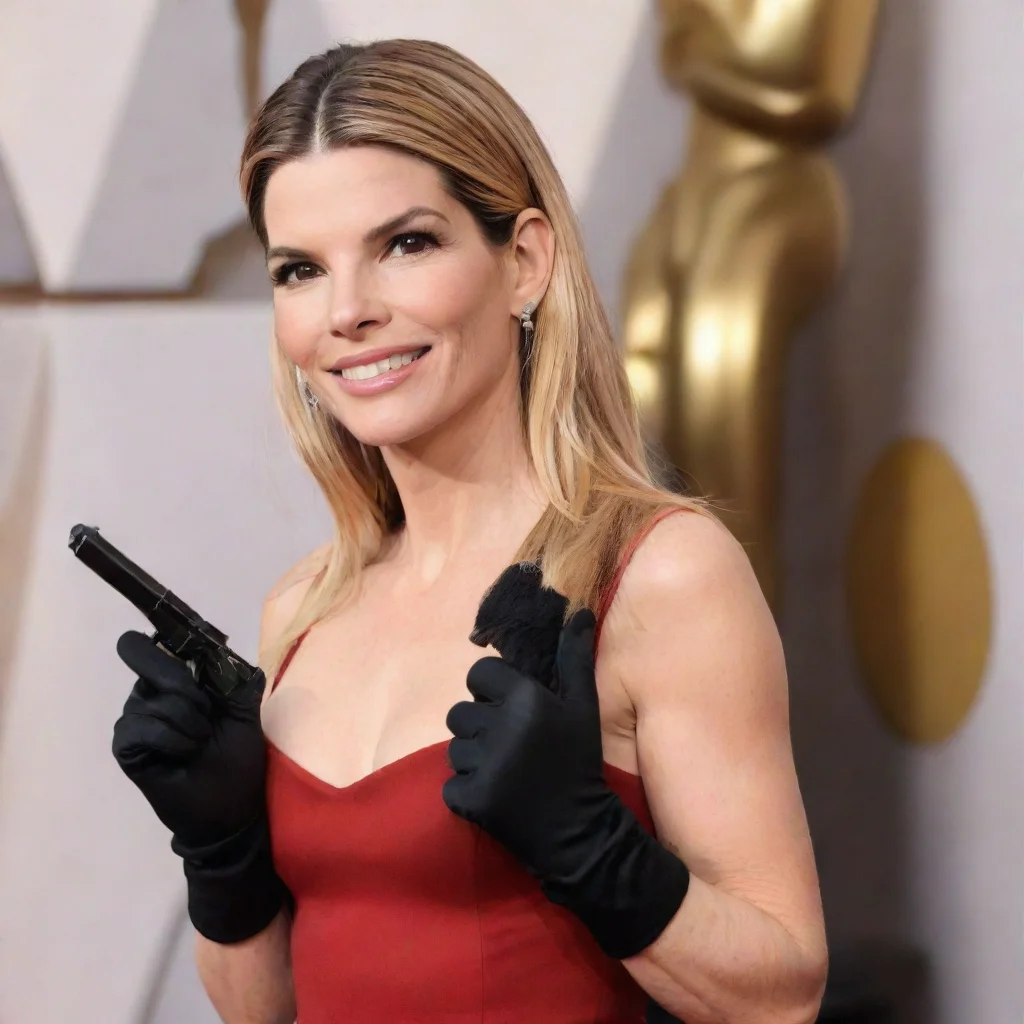 aiartstation art sandra annette bullock blonde hair at the academy awards ceremony smiling     with black gloves and gun shooting   mayonnaise confident engaging wow 3