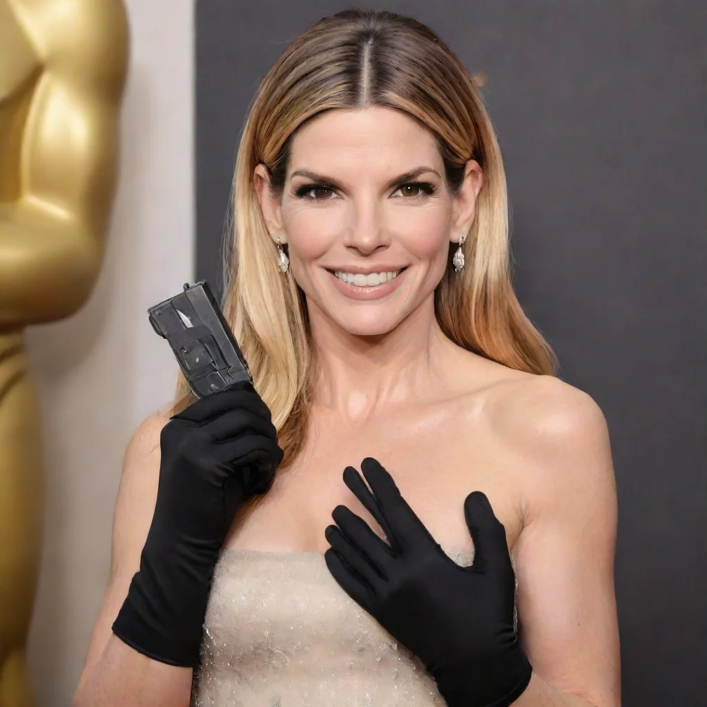 aiartstation art sandra annette bullock blonde hair at the oscars  smiling with black gloves and gun  shooting   mayonnaise confident engaging wow 3