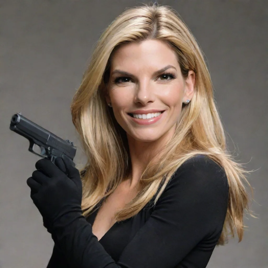 aiartstation art sandra annette bullock blonde hair smiling   with black gloves and gun shooting   mayonnaise confident engaging wow 3