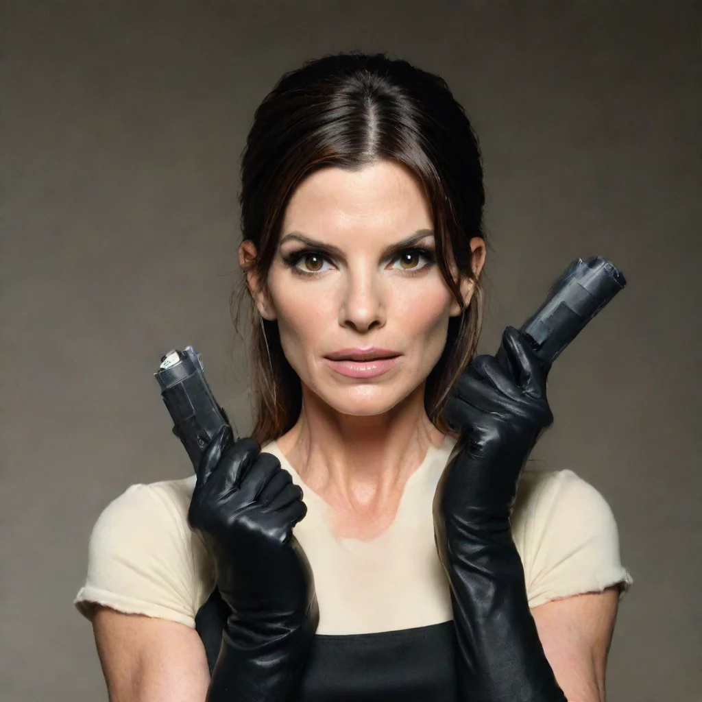 aiartstation art sandra bullock with black gloves and gun  with mayonnaise leaking out the muzzle confident engaging wow 3
