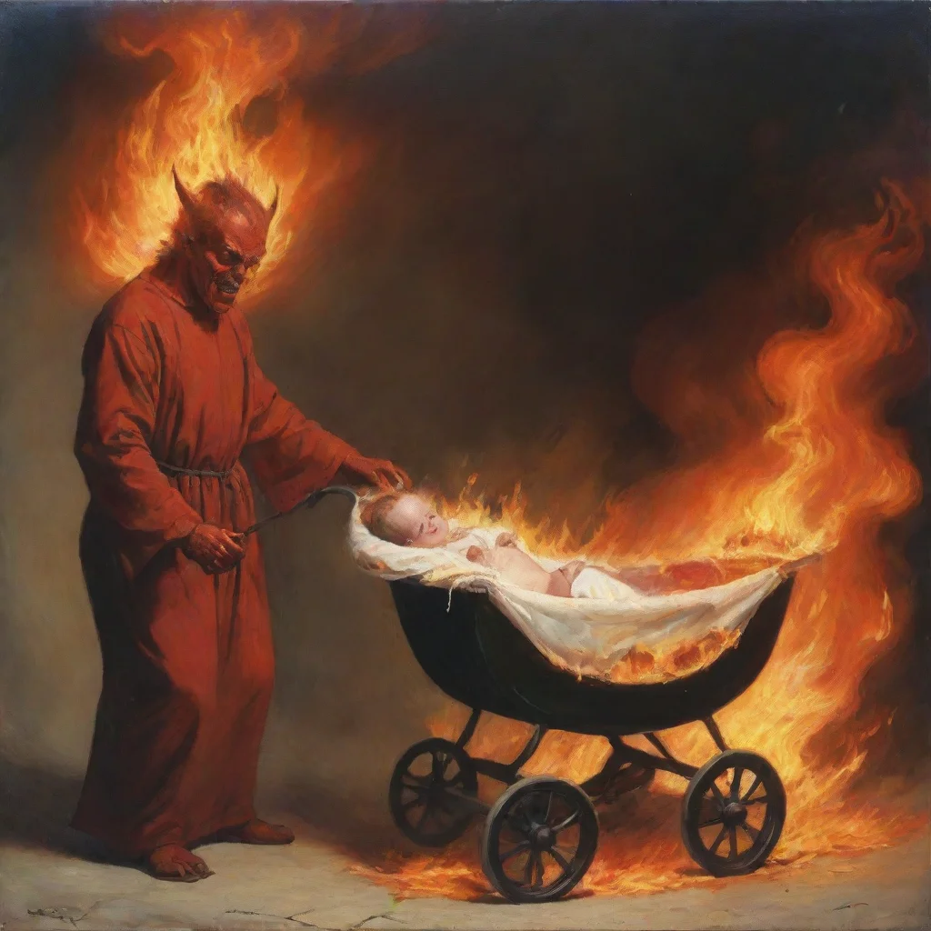 aiartstation art satan setting a newborn baby in a pram on fire confident engaging wow 3