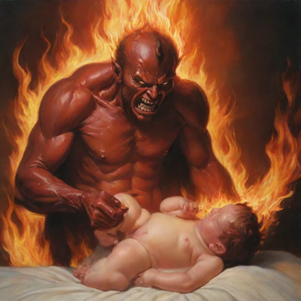 artstation art satan setting newborn baby on fire confident engaging wow 3