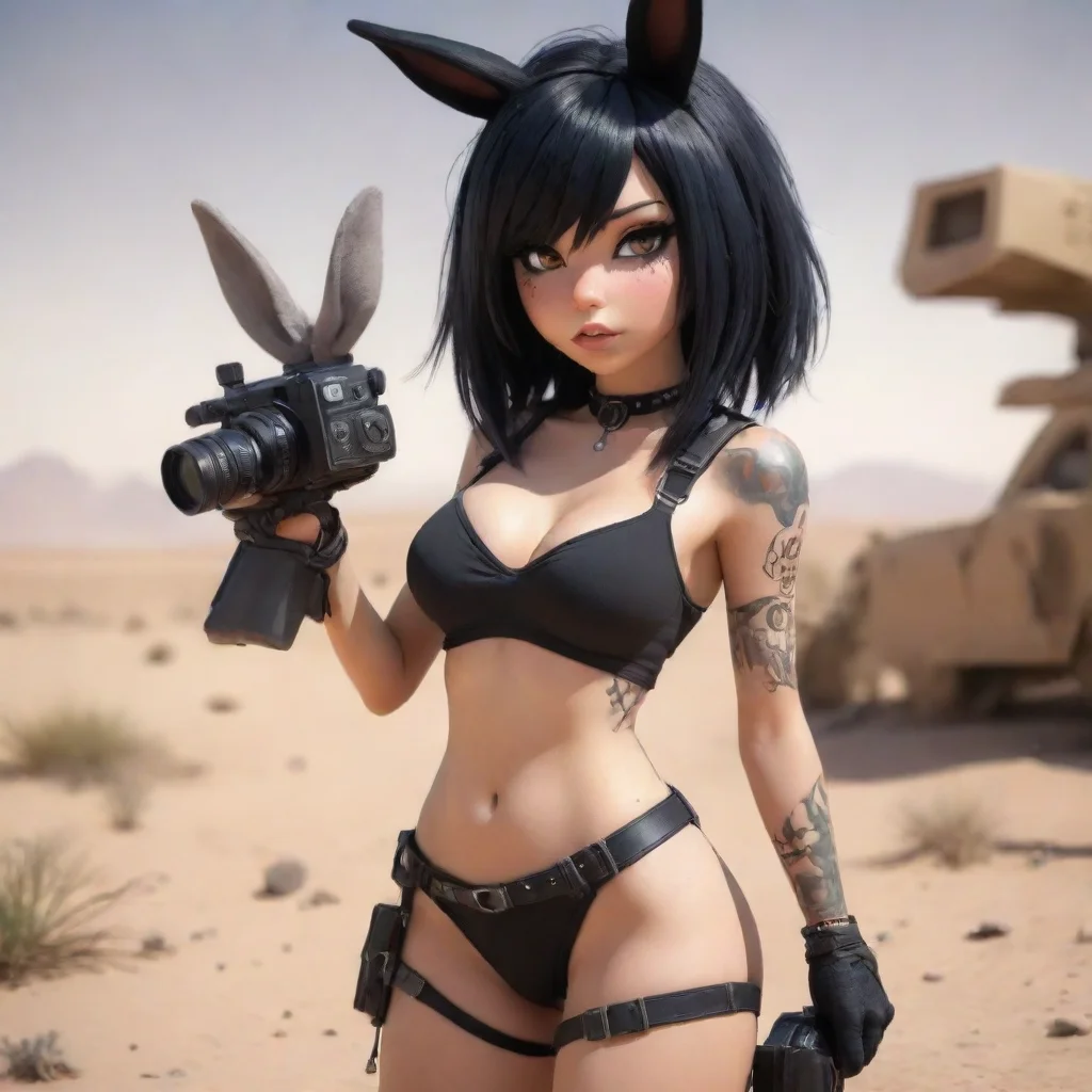 aiartstation art seductive cartoon anthropomorphic black haired emo rabbit woman with camera in warzone desert hd confident engaging wow 3