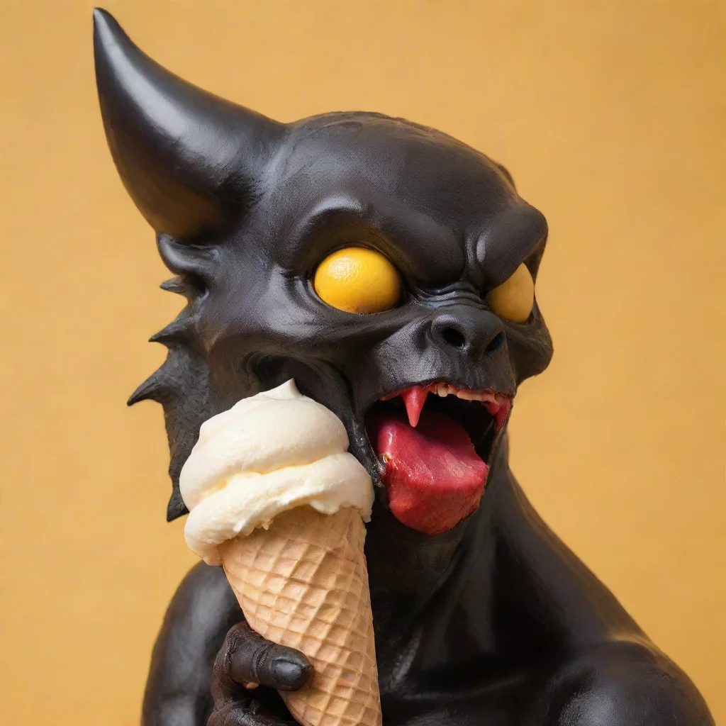 aiartstation art side angle of a black devil licking a vanilla icecream cone with yellow background  confident engaging wow 3