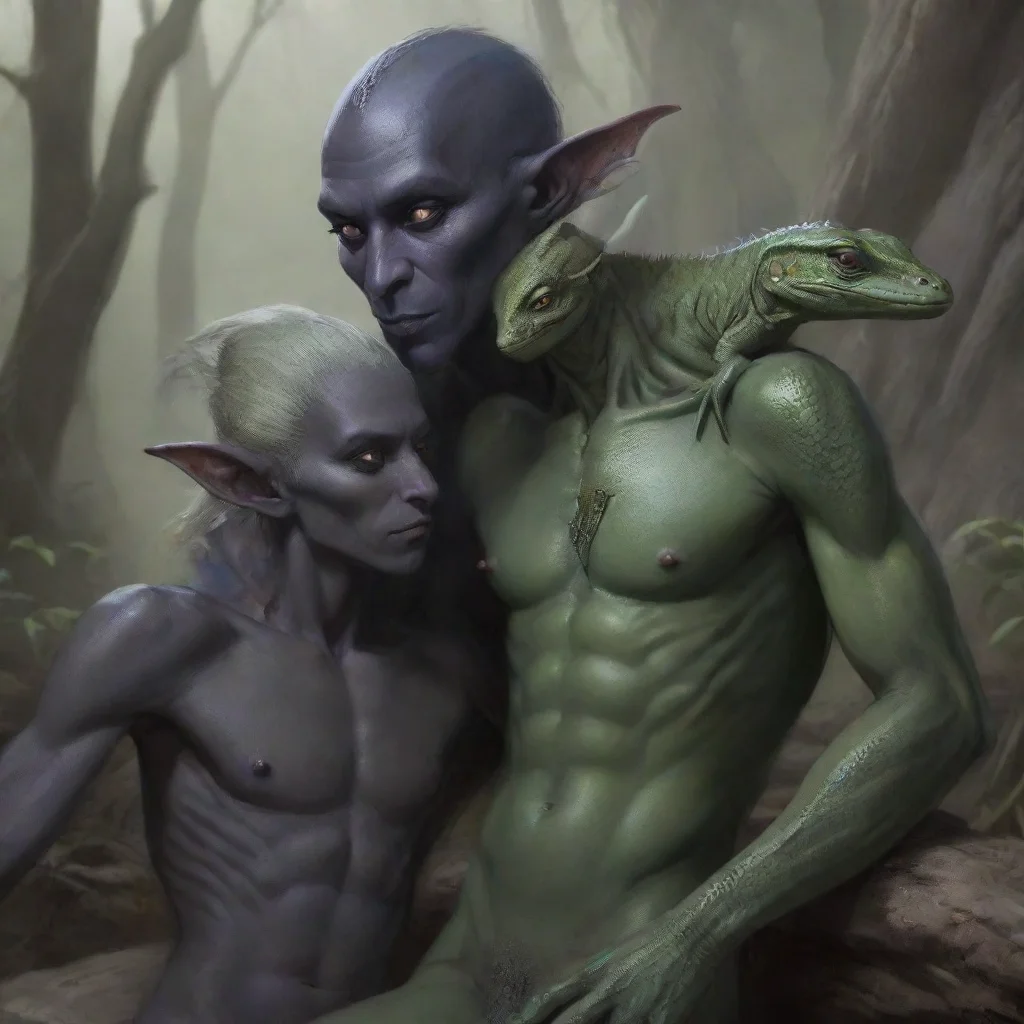 aiartstation art skinny dark elf cuddles with lizard men confident engaging wow 3