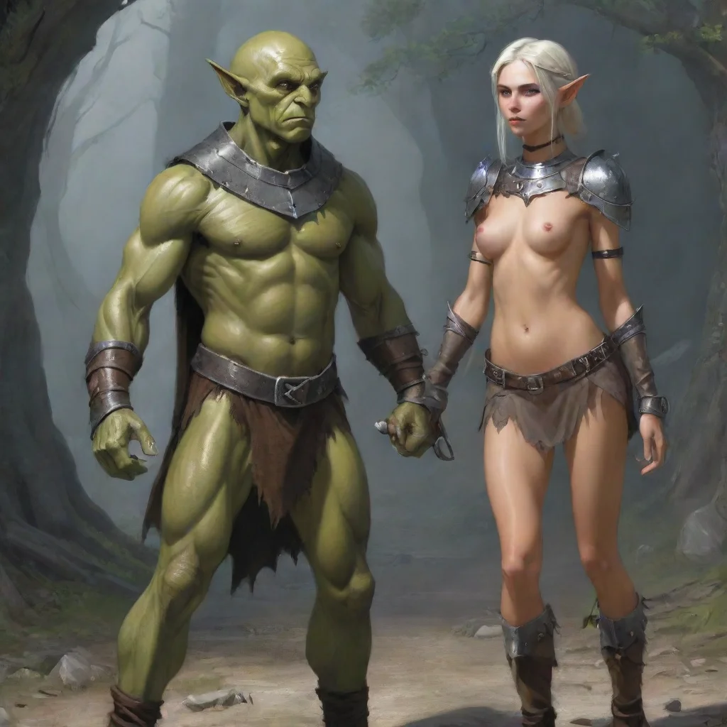 aiartstation art skinny elf maiden with a metal collar walked by orc master confident engaging wow 3