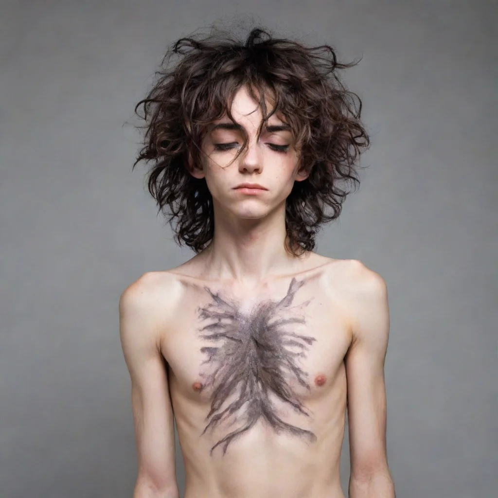 aiartstation art skinny emo boy with visible ribs and long messy curly hair covering his eyes confident engaging wow 3