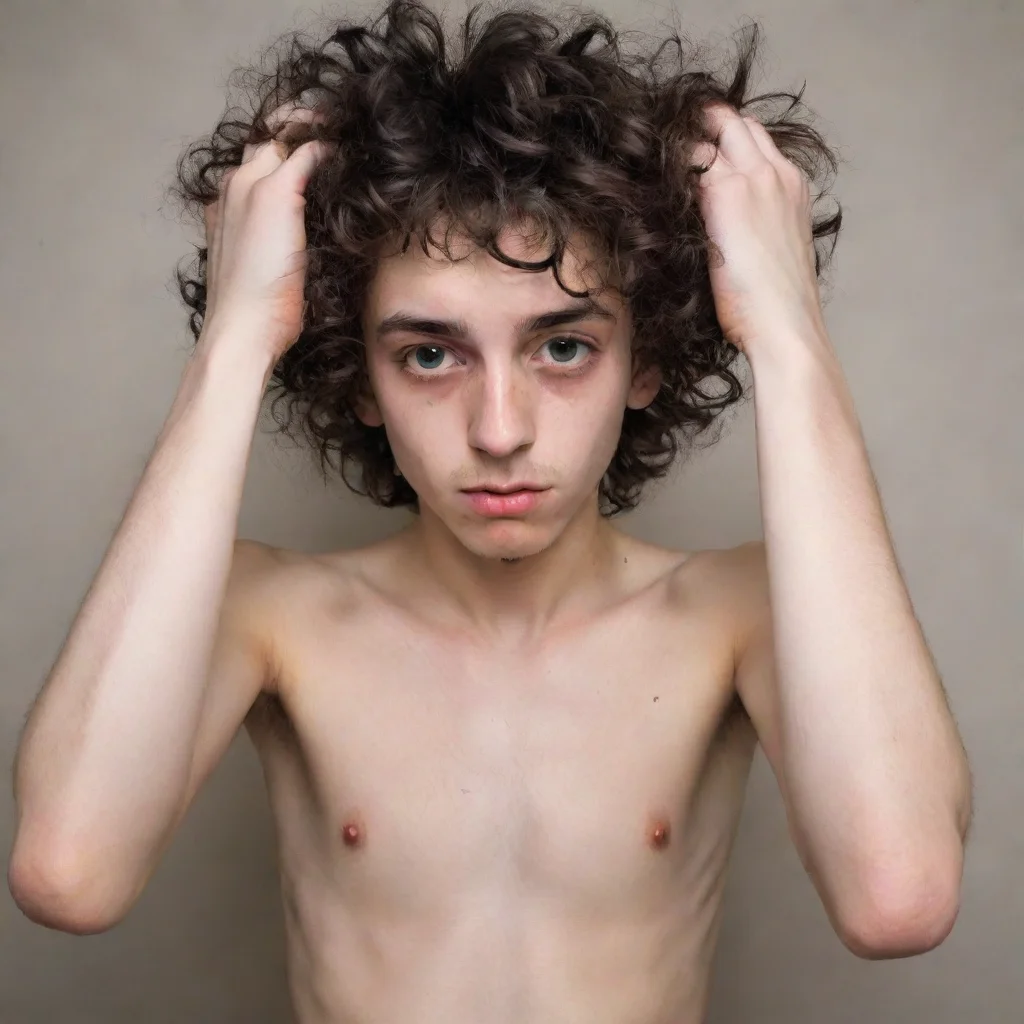 aiartstation art skinny shirtless emo boy with visible ribs  messy curly hair fully covering his eyes confident engaging wow 3