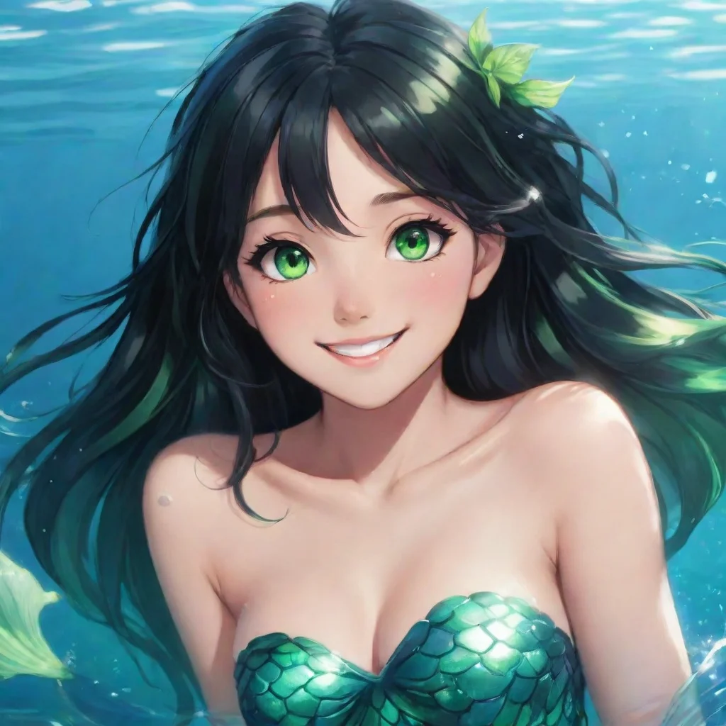 artstation art smiling anime anime mermaid with black hair and green eyes confident engaging wow 3