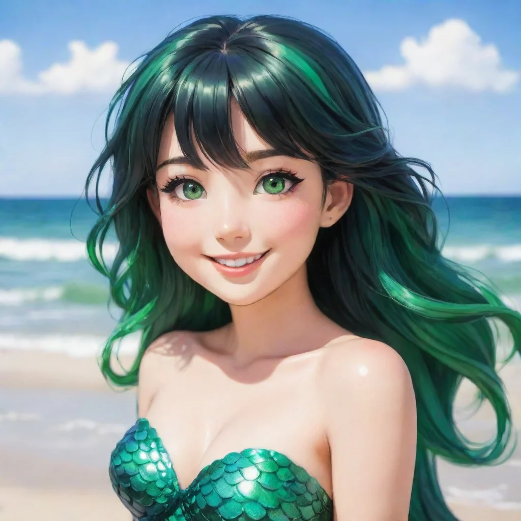 artstation art smiling anime anime mermaid with black hair and green eyes on the beach confident engaging wow 3