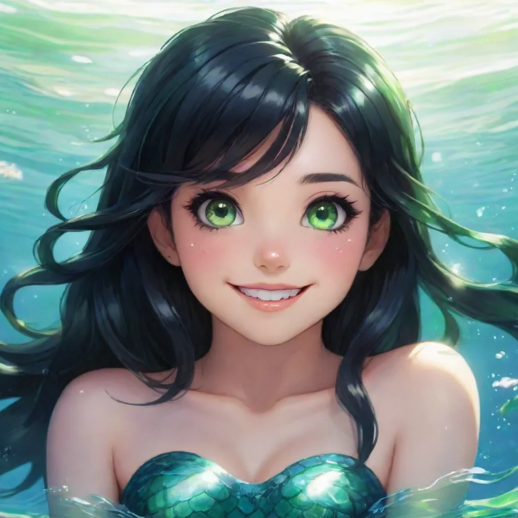 artstation art smiling anime mermaid black hair green eyes confident engaging wow 3