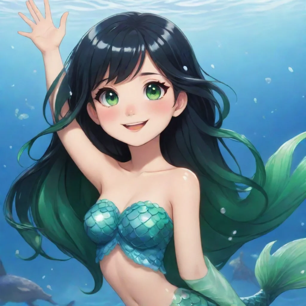 artstation art smiling anime mermaid with black hair and green eyes waving confident engaging wow 3