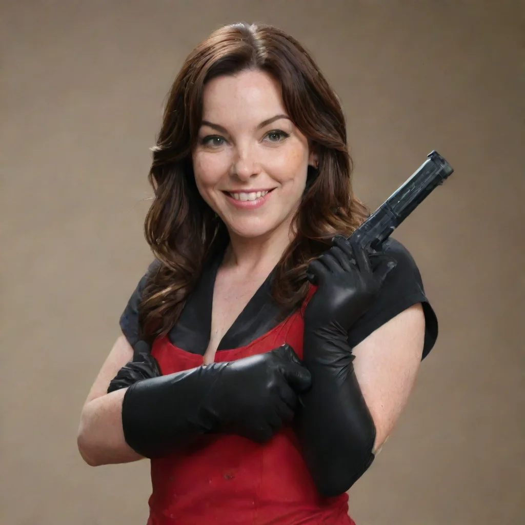 aiartstation art stephanie courtney from progressive auto insurance commercial smiling  with black nice nitrile gloves and gun and mayonnaise splattered everywhere confident engaging wow 3
