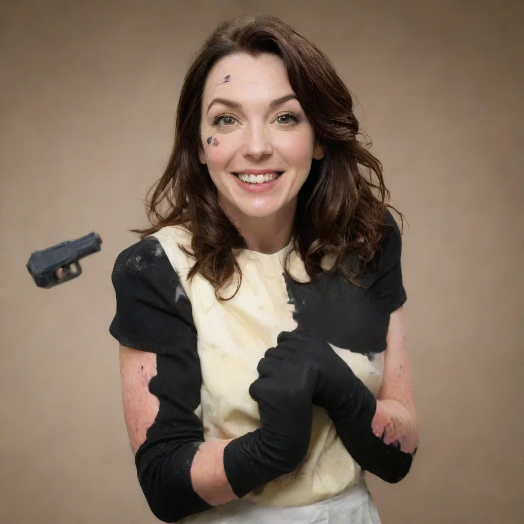 aiartstation art stephanie courtney smiling  with black  nitrile gloves and gun  and  mayonnaise splattered everywhere confident engaging wow 3