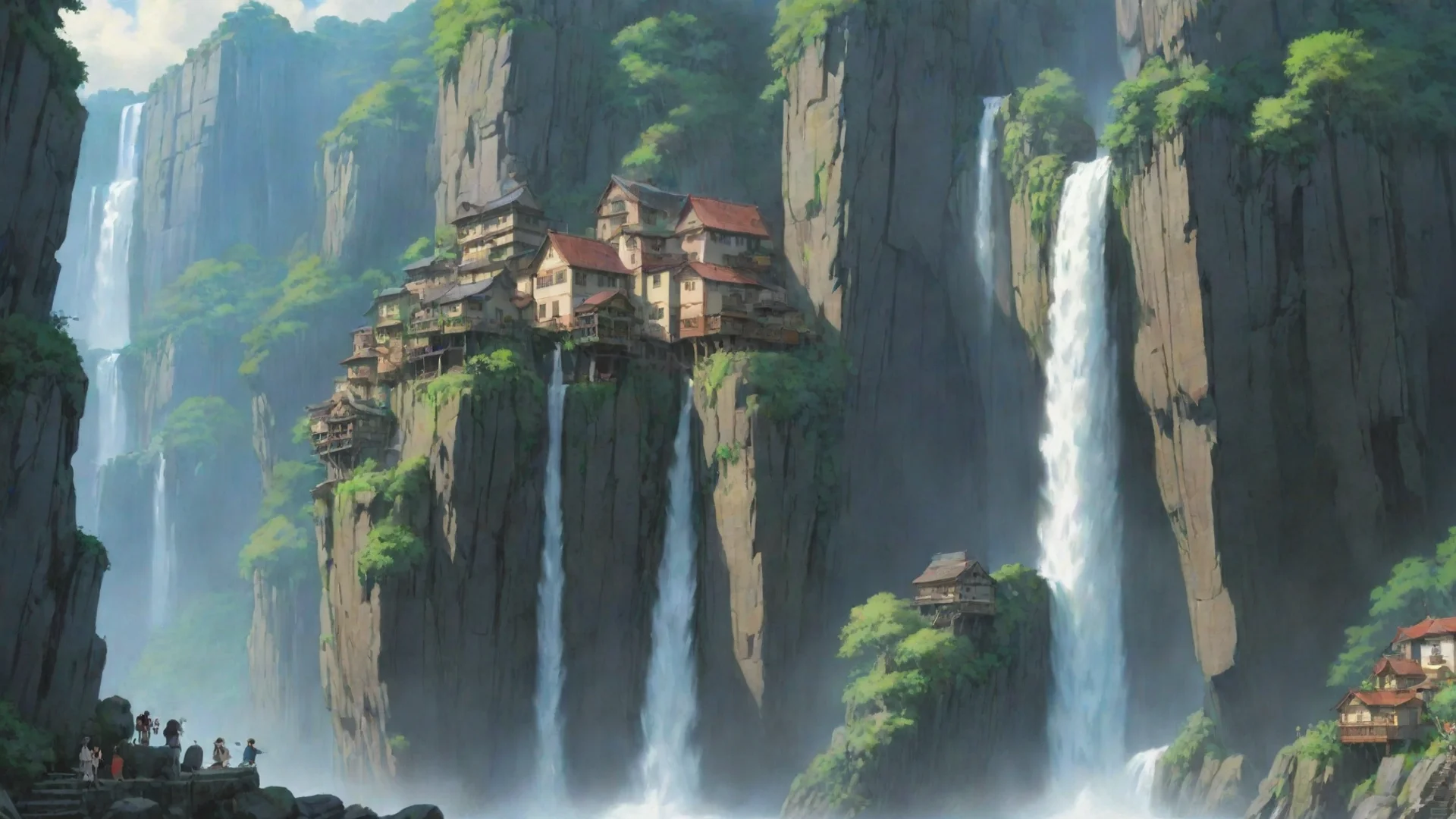 artstation art studio ghibli best award winning art environment sheer overhang cliff water fall city  confident engaging wow 3 wide