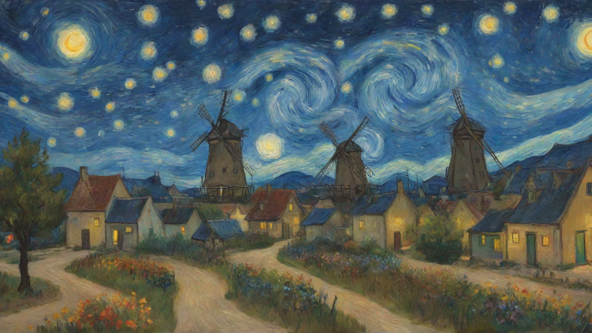 aiartstation art summer time flowers van gogh epic town windmill starry night  confident engaging wow 3