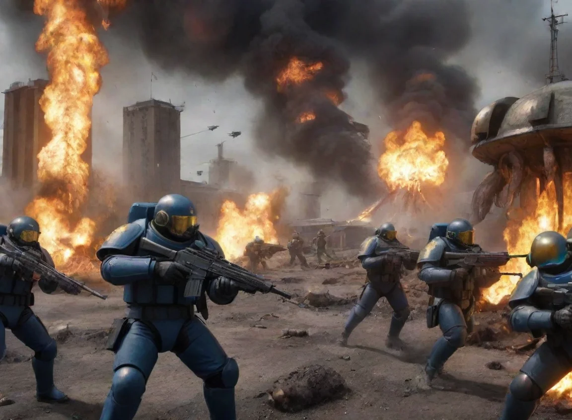 aiartstation art swedish space marines shooting at alien squid soldiers battlefield burning city war confident engaging wow 3 landscape43