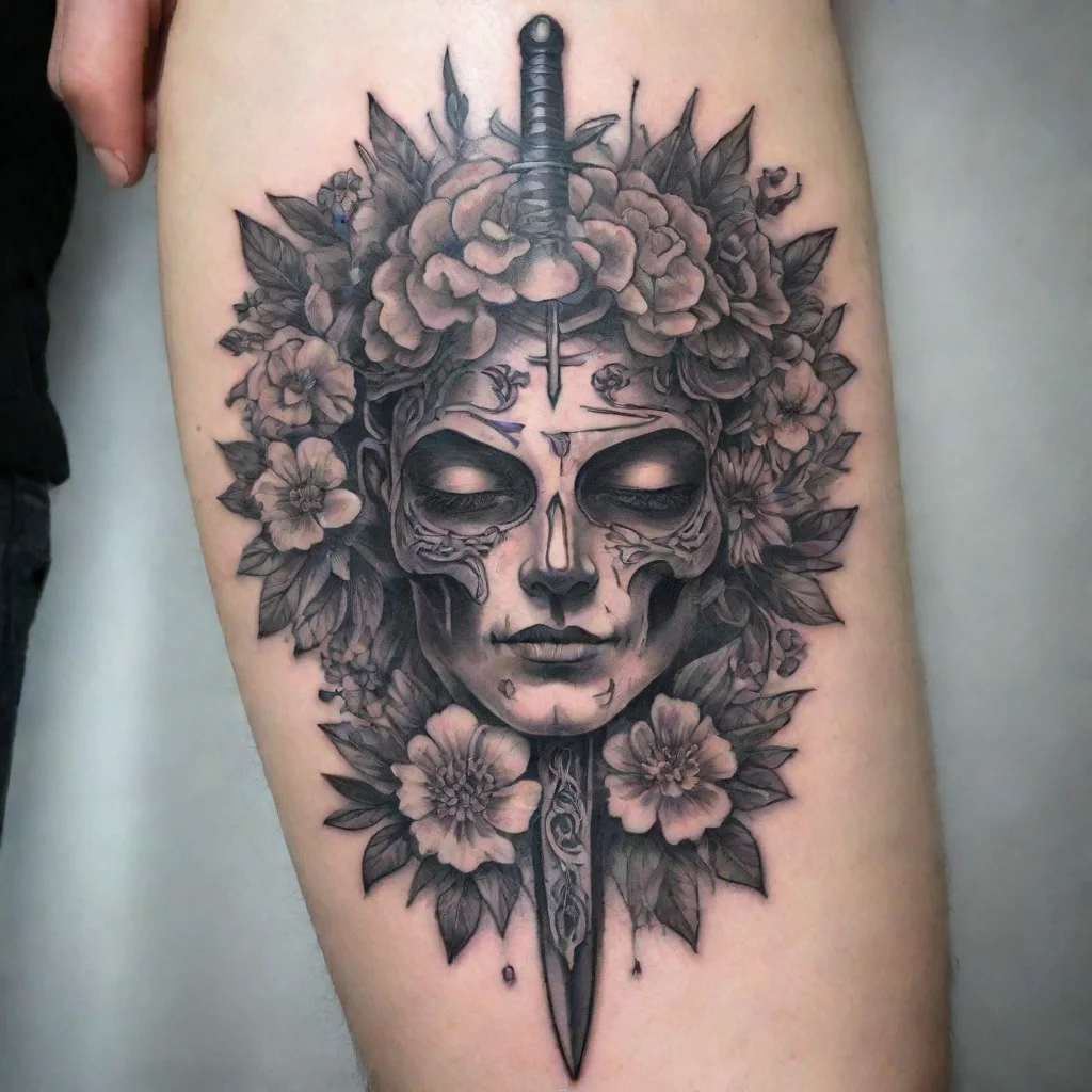 aiartstation art sword throught brain with flowers fine line tattoo confident engaging wow 3