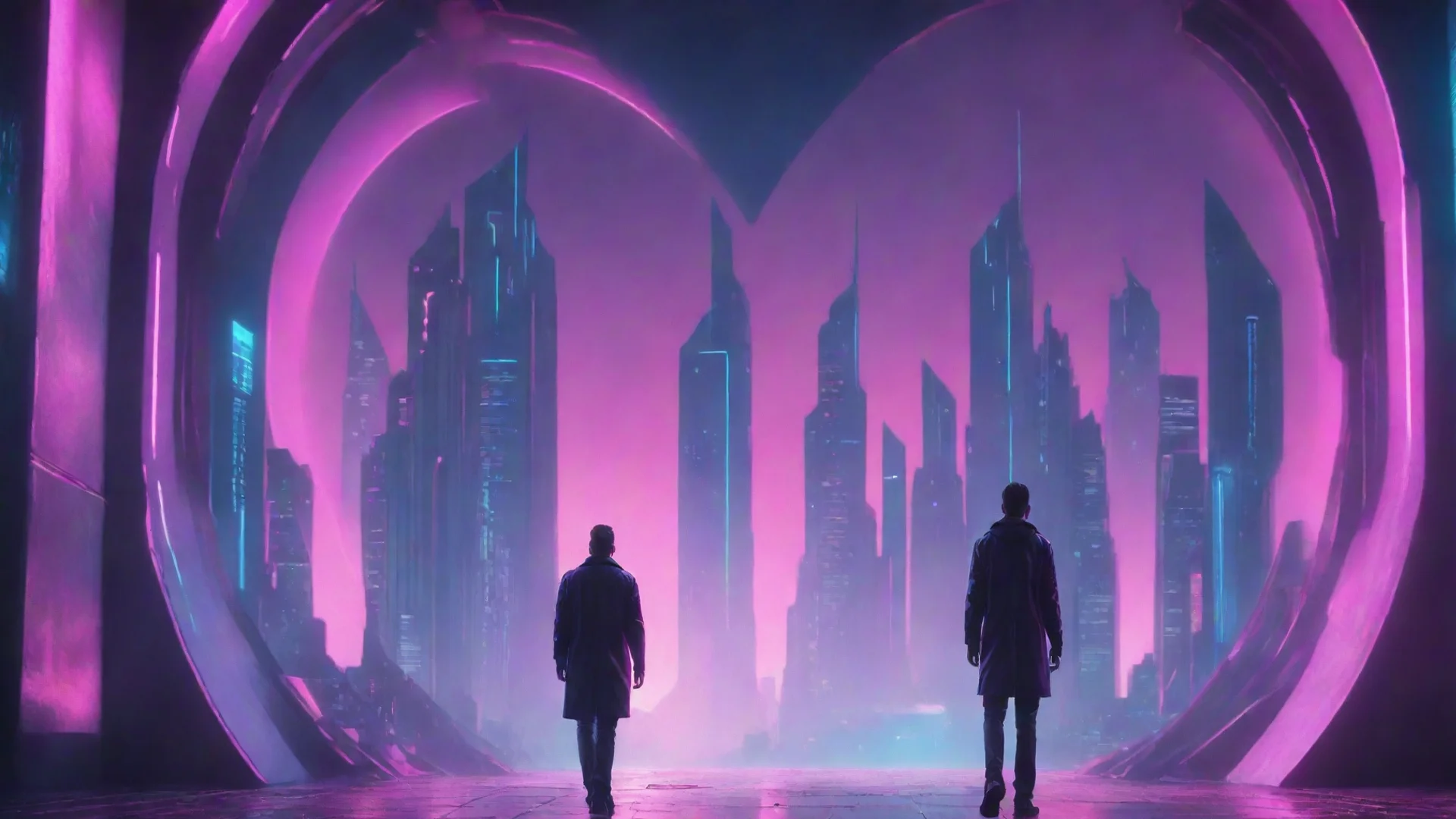 aiartstation art synthwave of a man standing behind the portal of the futuristic city confident engaging wow 3 wide
