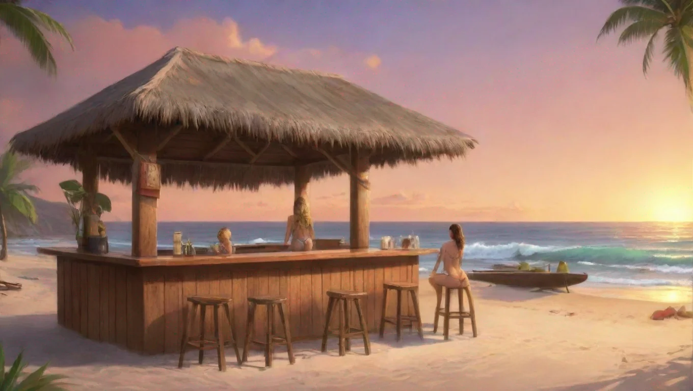 aiartstation art there are a couple women in swimwear at the bar and surfboards are on the beach confident engaging wow 3