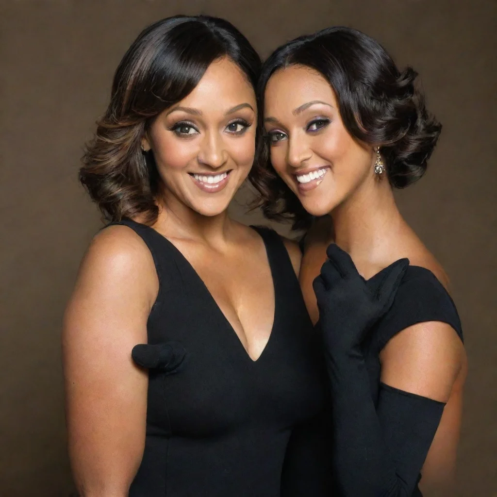aiartstation art tia and tamera mowry actress smiling with black gloves and  gun confident engaging wow 3