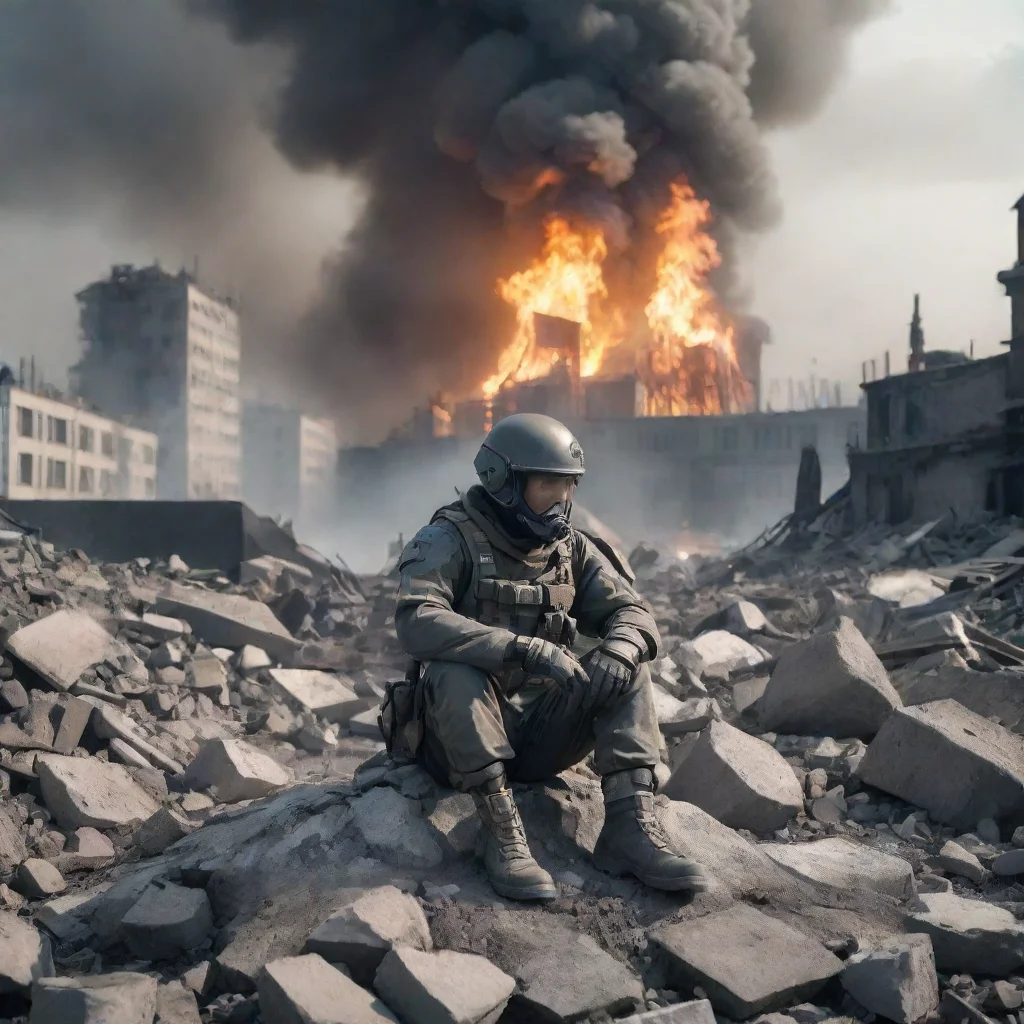 aiartstation art tired swedish soldier sitting on rubble while sci fi alien city burns in the background confident engaging wow 3