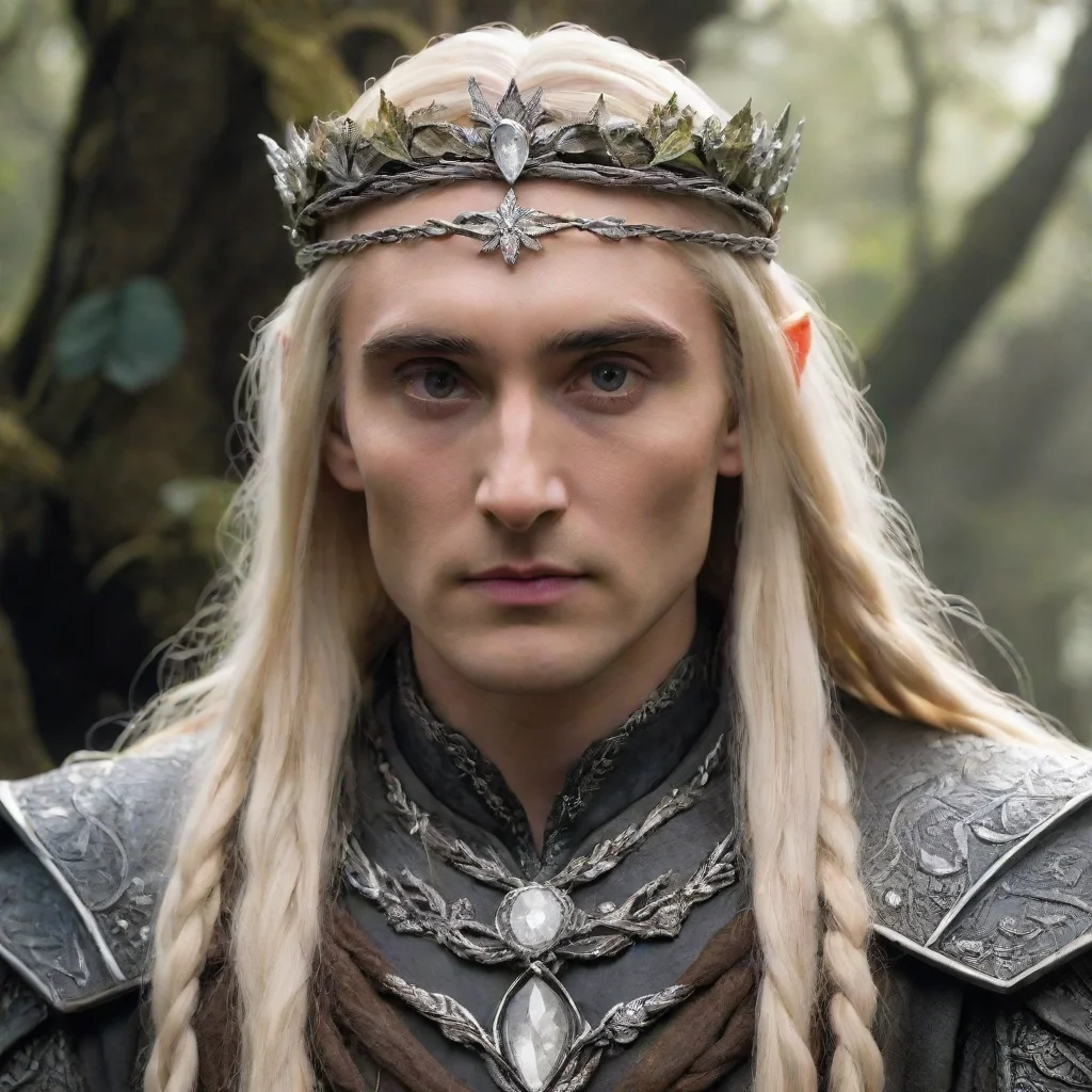 artstation art tolkien king thranduil with blond hair and braids wearing silver oak leaf serpentine circlet encrusted with diamonds with large center diamond confident engaging wow 3
