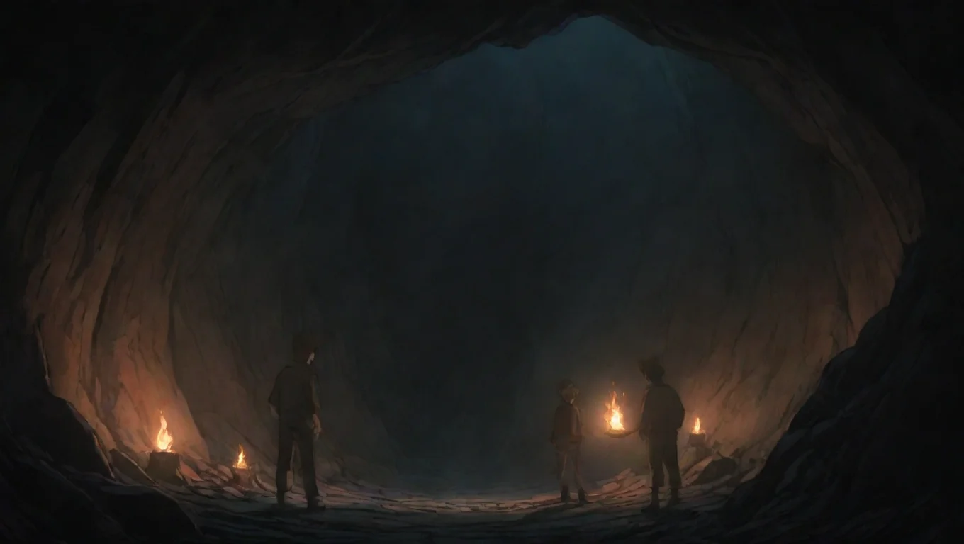artstation art two men in torchlit cave hd ghibli anime aesthetic dark horror 1800 vibe  confident engaging wow 3 widescreen