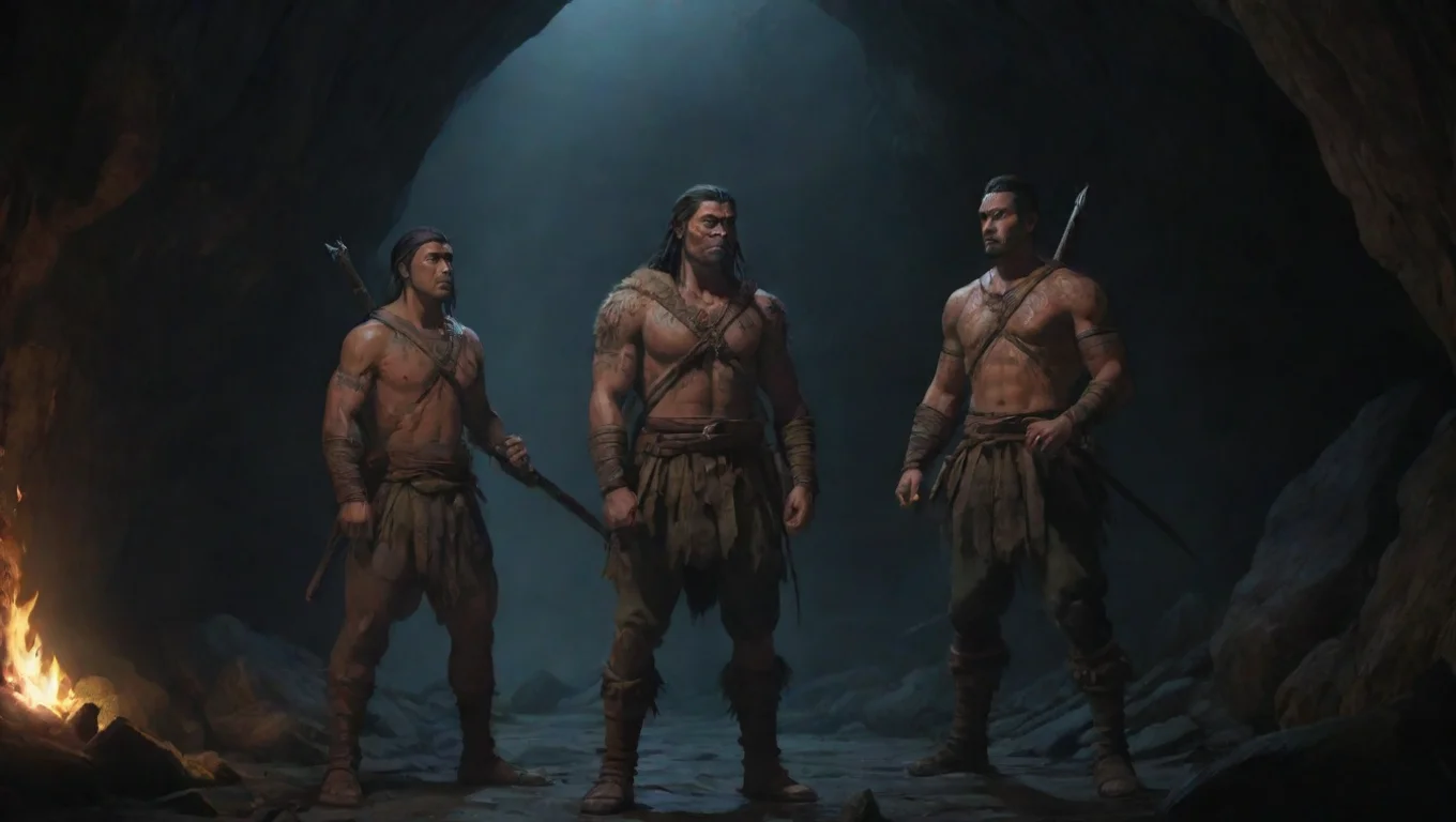 aiartstation art two soldiers european and maori warrior strong in torchlit cave hd ghibli anime aesthetic dark horror 1800 vibe environment confident engaging wow 3 widescreen