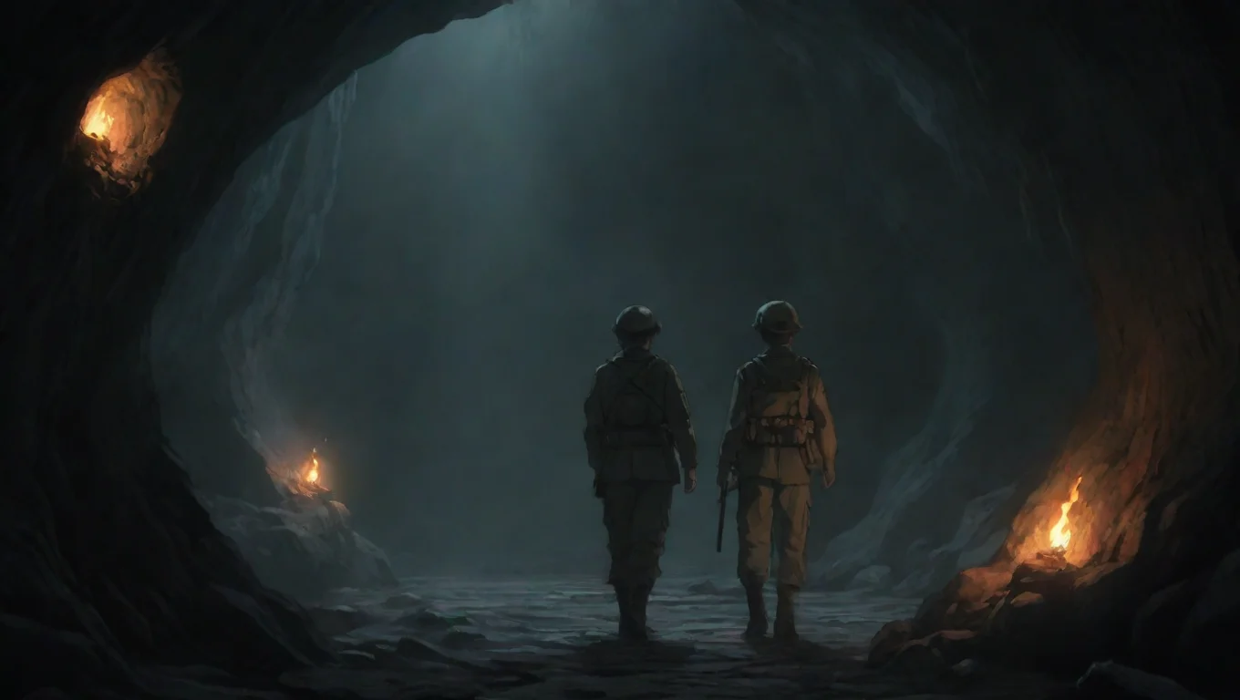 aiartstation art two soldiers in torchlit cave hd ghibli anime aesthetic dark horror 1800 vibe environment confident engaging wow 3 widescreen