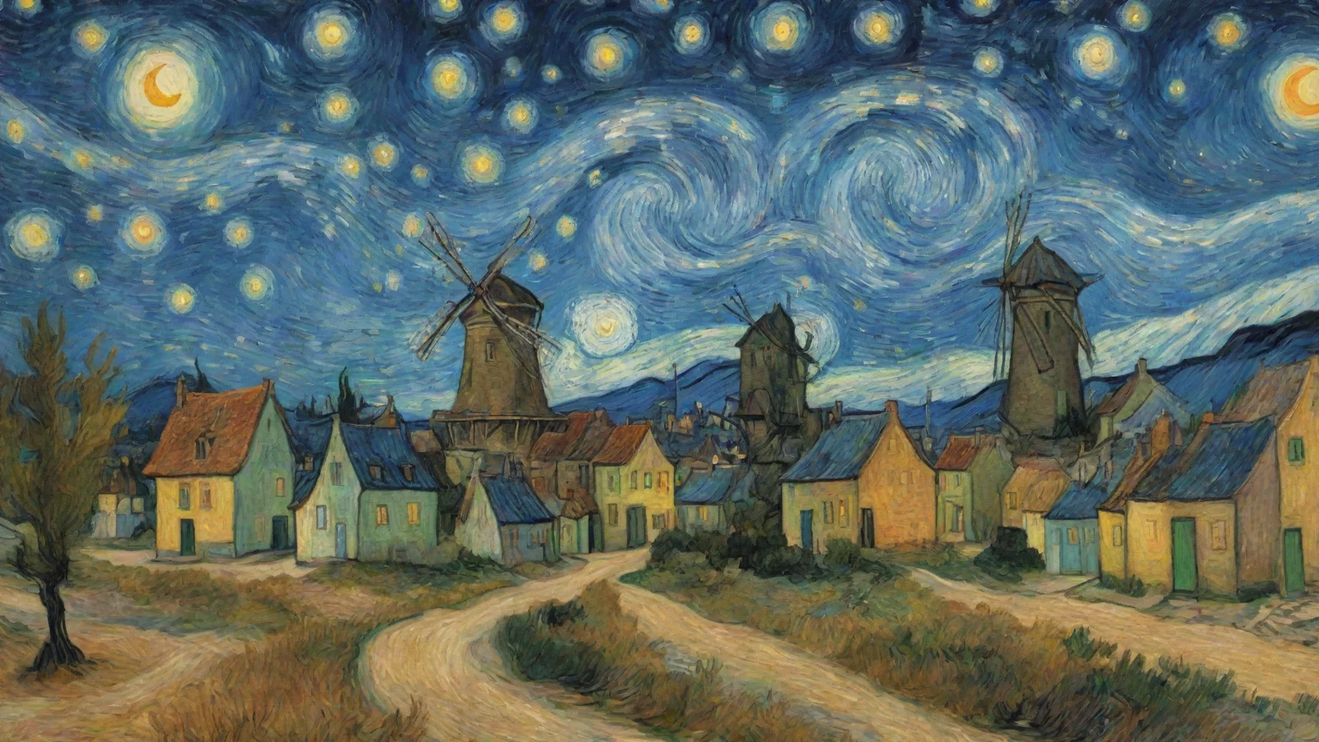 aiartstation art van gogh epic town windmill starry night  confident engaging wow 3 hdwidescreen